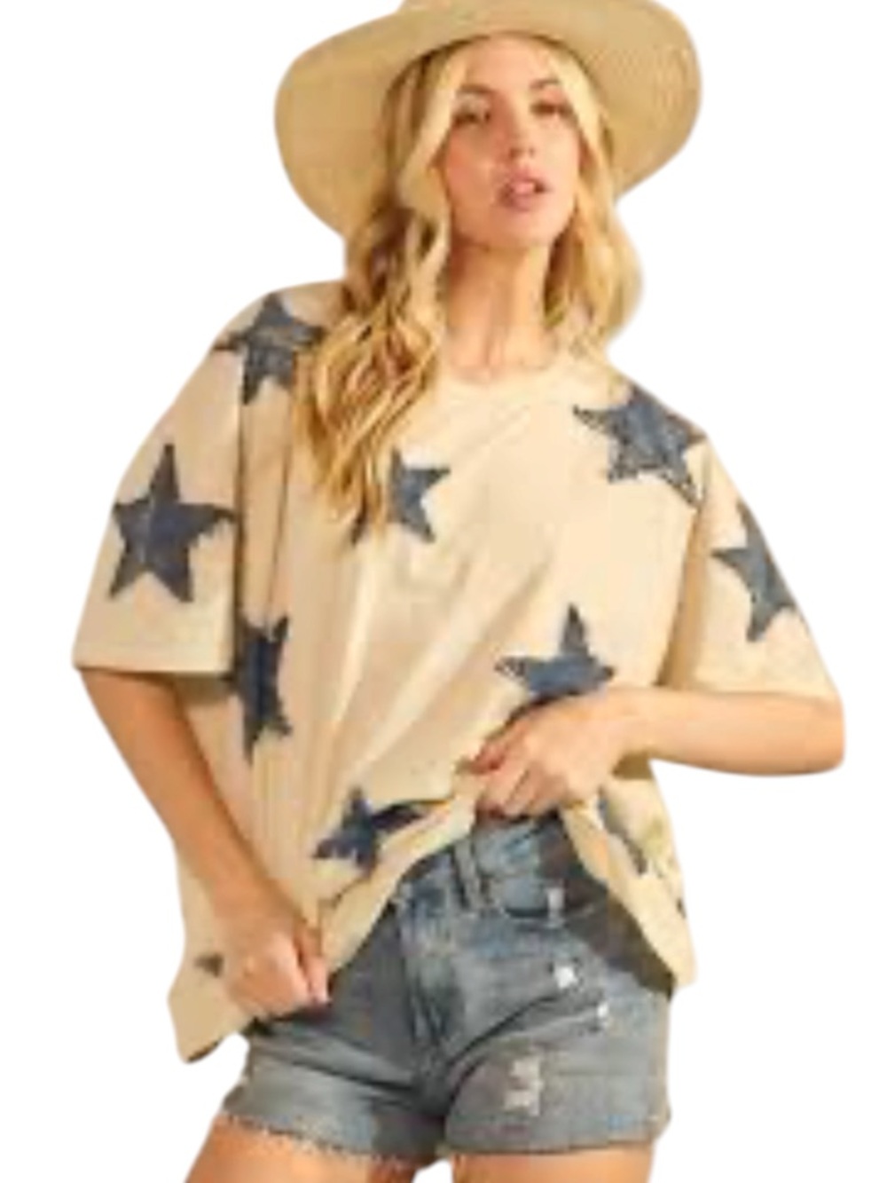 Sage + Fig Small Beige Star Print Short Sleeve Tee - Casual Women's Top
